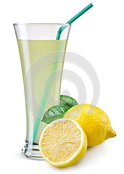 Glass of lemon juice with fruit isolated on white.