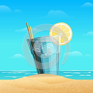 Glass with lemonad on sea background