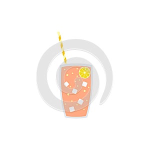 Glass of lemonade with ice cubes, lemon slice, cocktail tube. Vector illustration in a flat style on a white background.