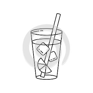 Glass of lemonade with ice cubes, lemon slice and straw. Linear icon of summer drink. Black simple illustration. Contour isolated