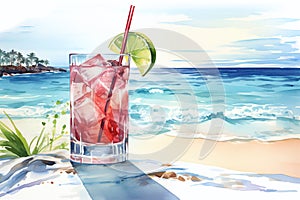 Glass of lemonade with lemon slices and ice cubes, alcoholic cocktail on the beach watercolor