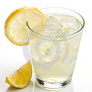 Glass of lemonade with a lemon wedge isolated photo