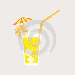 A glass of lemonade, a soda with ice and a cocktail umbrella. Lemon juice. A glass of lemon or orange cocktail with straw. Vector.