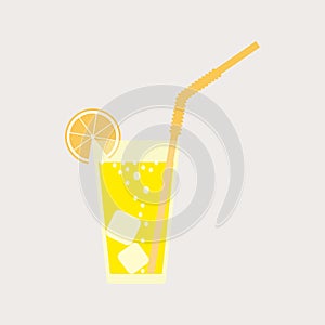 A glass of lemonade, a soda with ice. Lemon juice. A glass of lemon cocktail with a straw. Vector illustration.
