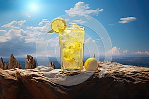 Glass of lemonade on the top of rocks in sunset