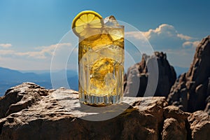 Glass of lemonade on the top of rocks in sunset