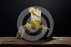 Glass of lemonade on the top of rocks in sunset