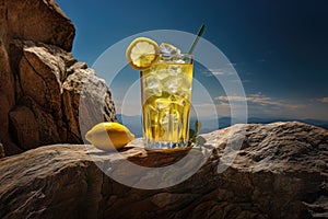 Glass of lemonade on the top of rocks in sunset