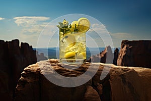 Glass of lemonade on the top of rocks in sunset