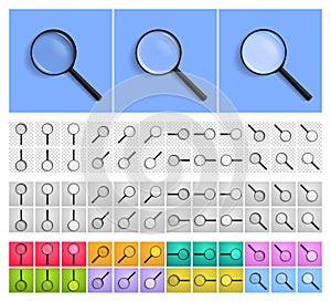 Glass lens magnifier. Realistic magnifying glass with 3 options for refraction. Complete set of rotation positions in increments