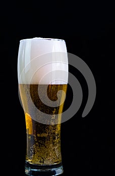 Glass of light beer on a black background