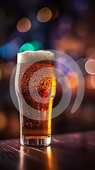 A glass of light beer with blurred background