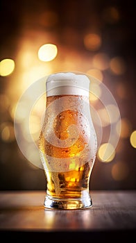 A glass of light beer with blurred background