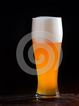 A glass of light beer on a dark background