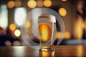 A glass of light beer on a table bar in pub