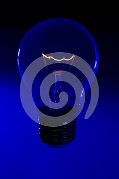 Glass light bulb with burning filament upright