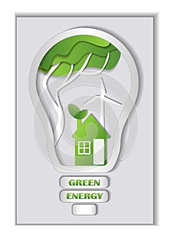 Glass light bulb, green city concept, tree, lake, houses, wind generator. Paper cut house, green house concept, eco