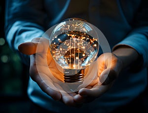 Glass Light Bulb in Human Hands - Eco Energy Concept - 3D Rendering