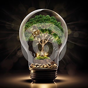 Glass light bulb with a tree inside close-up on dark background. Energy saving. Green electricity. The concept of caring for