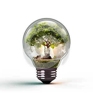 Glass light bulb with a tree inside close-up on light background. Energy saving. Green electricity.