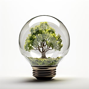 Glass light bulb with a tree inside close-up on light background. Energy saving. Green electricity.