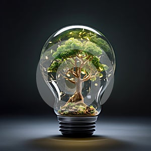 Glass light bulb with a tree inside. Energy saving. Green electricity. The concept of caring for nature and planet Earth.