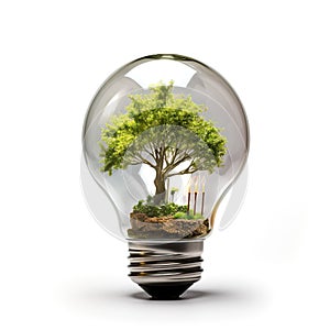 Glass light bulb with a tree inside. Energy saving. Green electricity. The concept of caring for nature and planet Earth