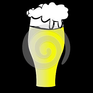 A glass of light yellow cold lager beer with a thick white foam cap on a black background.