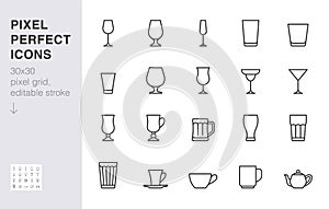 Glass line icon set. Drink glassware type - beer mug, whiskey shot, wineglass, teapot minimal vector illustration