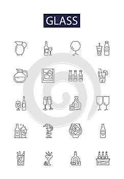 Glass line vector icons and signs. window, pane, glasses, jar, bottle, mirror, vase, stained outline vector illustration