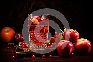 A glass of liquid with ice and apples