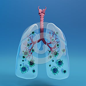 Glass Lung with Covid 19 , Coronavirus 2019-n, Microscopic view of floating influenza virus cells. 3d rendering