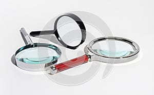 Glass magnifies threefold. Loupe zooms background, transparent lens. Study science concept, photo