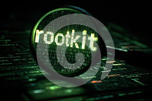 glass magnify to rootkit cyber security risk, online data protection threat, network vulnerability hacking, internet