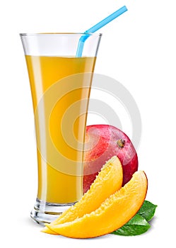 Glass of mango juice with fruit isolated on white.