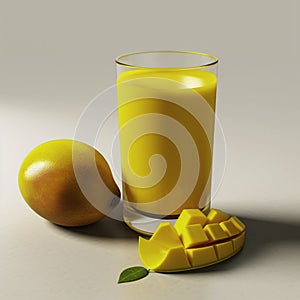 A glass of mango juice with a piece of mango on the side, created using AI Tools