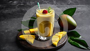 A glass of mango juice with a straw and a slice of mango