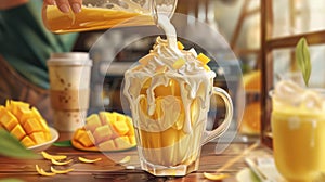 A glass of mango lassi being poured with cream