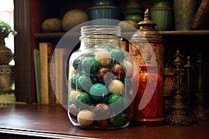 glass marbles in a vintage jar with a rustic setting