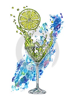 A glass of margarita cocktail and a piece of lemon with blue abstract paint splash on background, hand painted watercolor with ink