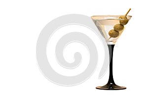 glass of martini with three olives on white background with copy space
