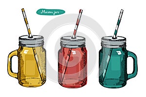 Glass Mason Jar with handle, drinking straw for cocktail and lemonade and smoothie. For bar and restaurant menu. Vector