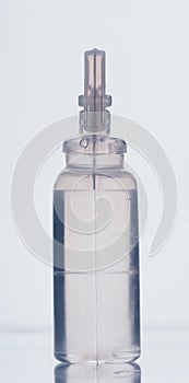 Glass medical ampoule vial for injection. Medicine is dry white drug penicillin powder or liquid with of aqueous