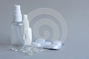 Glass medical ampoule vial for injection. Medicine is dry white drug penicillin powder or liquid with of aqueous solution in