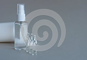 Glass medical ampoule vial for injection. Medicine is dry white drug penicillin powder or liquid with of aqueous solution in