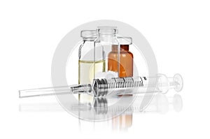 Glass Medicine Vial and botox, hualuronic, collagen or flu Syringe on a white background