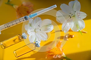 Glass Medicine Vial jar botox with medical Syringe.anti-age mesotherapy set,salon skin care procedure. beauty concept