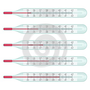Glass mercury Thermometers with different temperature measurent on celcius scale, 36.6 degrees. Cold diagnostic, covid