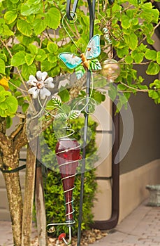 Glass and metal, artisan humming bird feeder