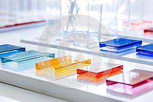 glass microscope slides on a white lab bench